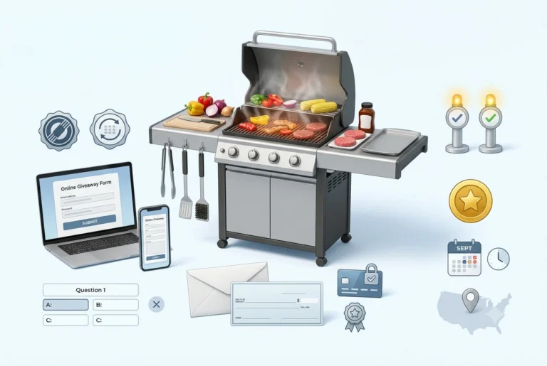 Food Network Grill Master $5K Giveaway featuring a cash prize check and premium outdoor grilling setup