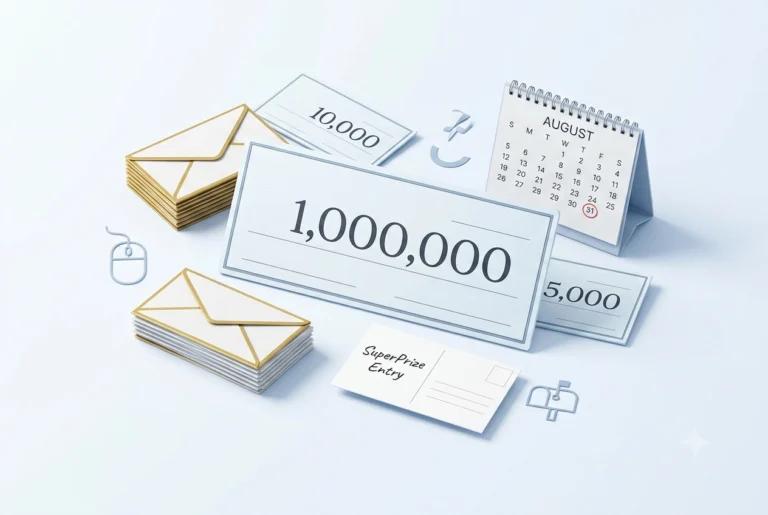 Publishers Clearing House SuperPrize 2026 million dollar cash prize with entry postcard and calendar showing August 31 deadline