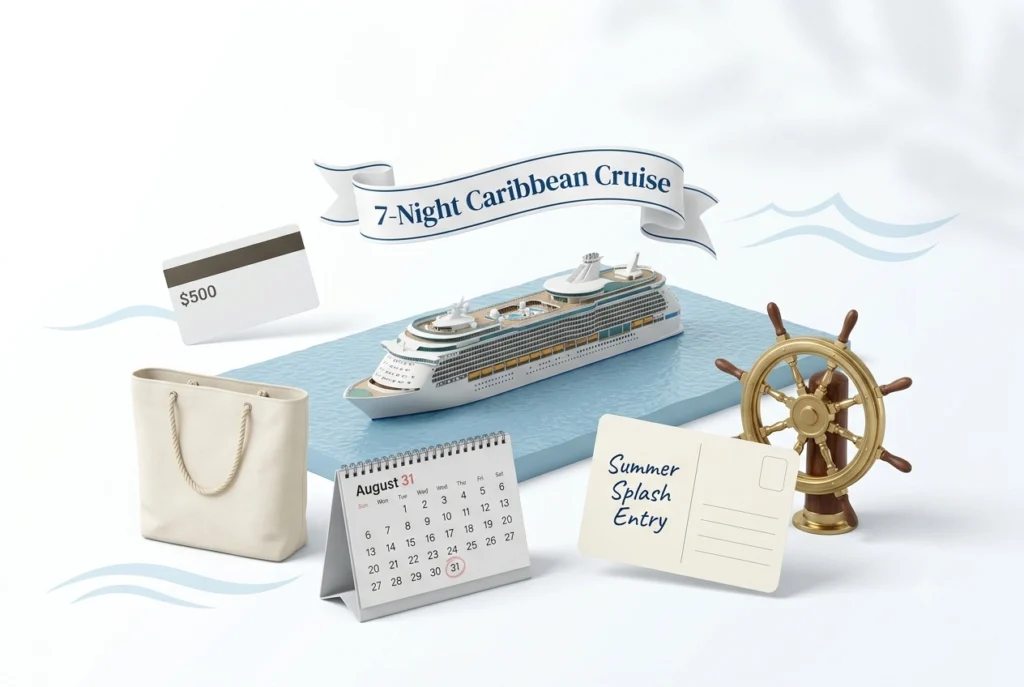 Royal Caribbean Summer Splash Sweepstakes 2026 prize a cruise ship, calendar with August 31, entry postcard