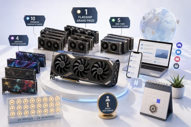 Summer of RTX 2026 Sweepstakes prizes featuring GeForce RTX 50 Series graphics cards, including an RTX 5090