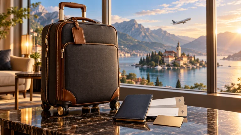Conceptual travel giveaway illustration featuring an elegant suitcase, travel accessories, and a scenic destination backdrop.