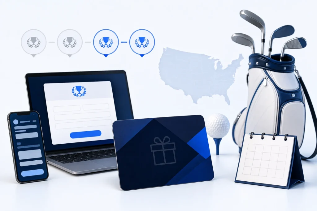 Premium golf gift card giveaway illustration with a generic shopping card and original golf-themed sporting-goods cues.