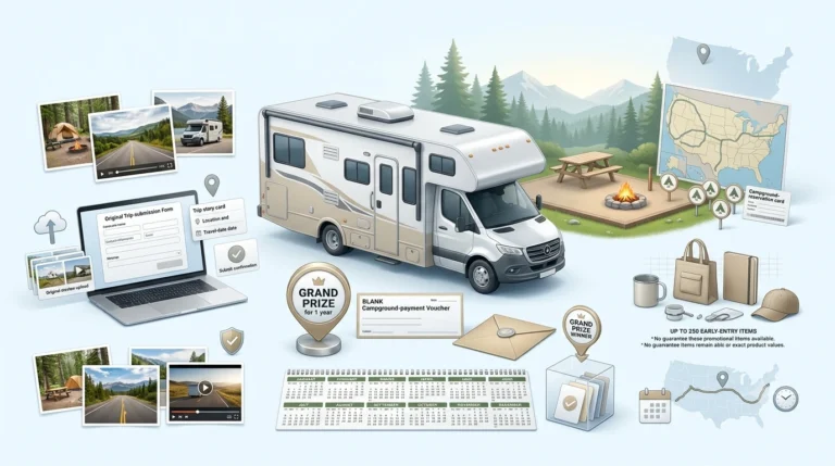 Go RVing RV-2-50 Sweepstakes 2026 featuring an RV camping trip, photo and video entry, and a $5,000 campground-fees prize