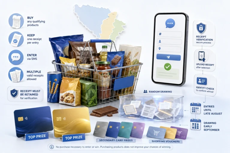 Nestlé Bingo Bosnia Giveaway 2026 featuring grocery purchases, SMS entry and payment-card prizes worth up to 10,000 KM