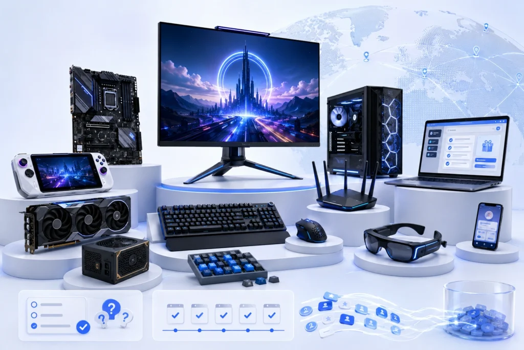 Premium worldwide electronics giveaway illustration featuring generic gaming monitors, PC components, handheld hardware and peripherals from a large technology prize pool.