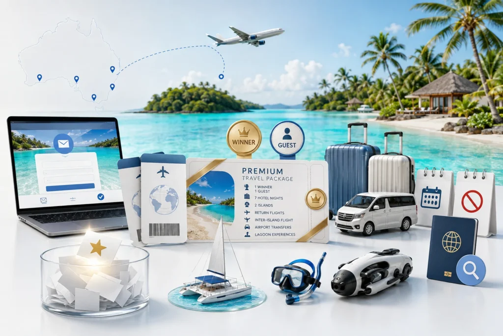 TravelOnline Cook Islands Giveaway 2026 for Australian residents featuring flights, seven hotel nights and island experiences for two