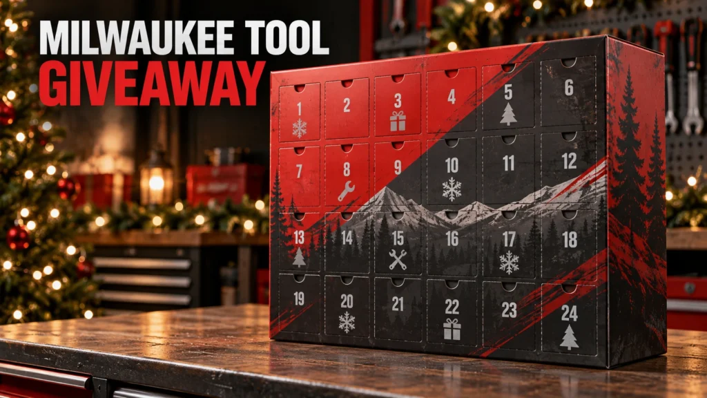Conceptual editorial illustration of a Christmas tool advent calendar representing the Milwaukee 2026 giveaway.
