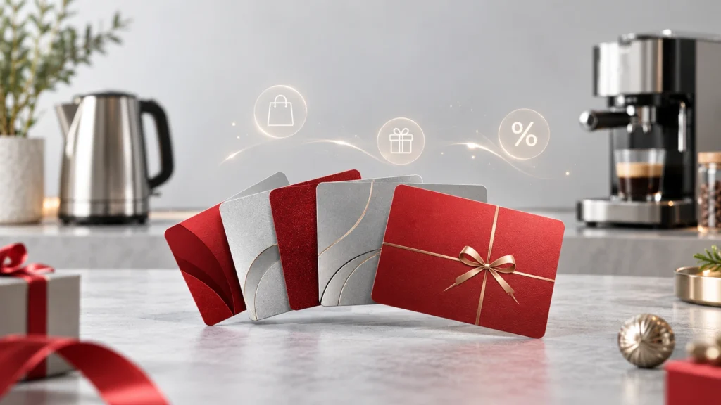 A conceptual illustration of generic gift cards and home appliances, representing The Good Guys $20,000 eGift Card giveaway for Australian residents.