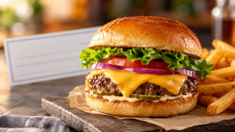 Editorial illustration of a cheeseburger with melted cheese and a subtle check-shaped paper representing the Kraft Singles sweepstakes.