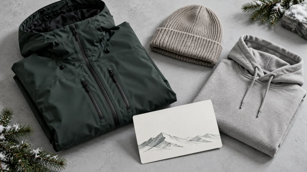 Conceptual flat-lay of winter streetwear clothing and an unbranded voucher representing the Monster Energy Beyond Medals Denmark giveaway prize.