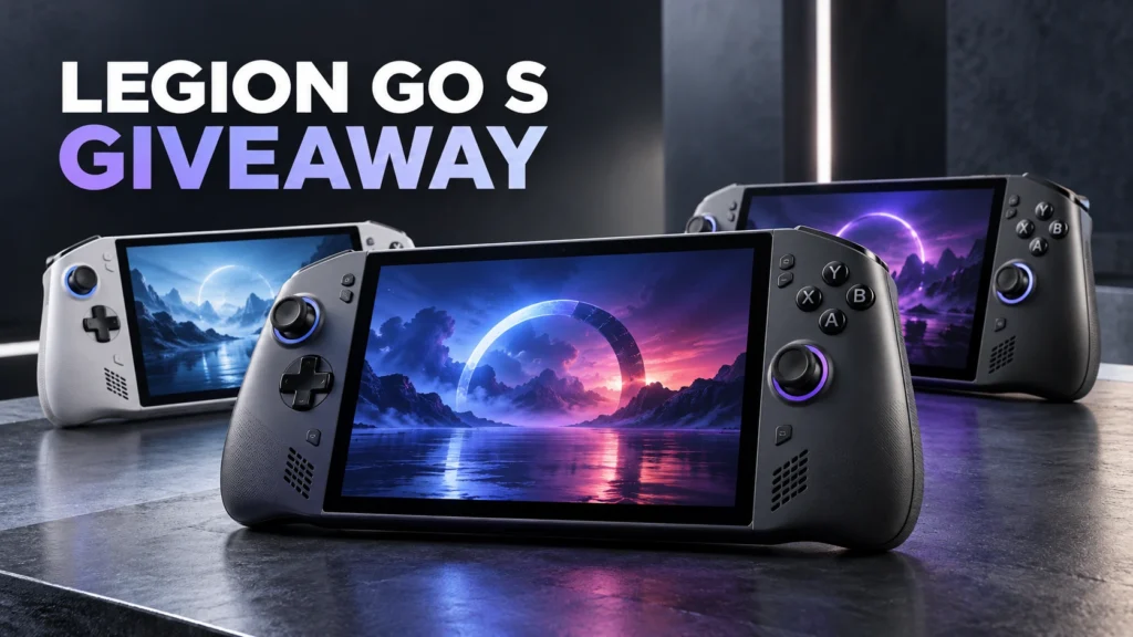 Editorial illustration of three Lenovo Legion Go S-style gaming handhelds representing the October 2026 giveaway