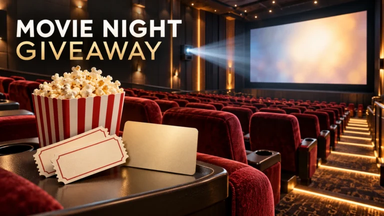 Editorial illustration of a private movie theater with cinema tickets, popcorn, and a generic gift card representing the Cold Stone sweepstakes prize.