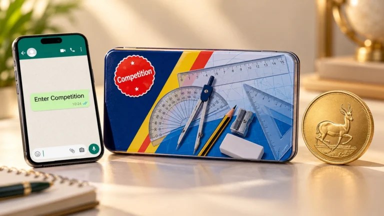 Conceptual illustration of a Helix Oxford Math Tin Set, a gold KRUGERRAND coin, and a smartphone showing a WhatsApp entry screen for the 2026 competition.