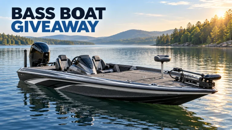 Conceptual illustration of a modern bass fishing boat on a lake for the 2026 MLF Z19 sweepstakes.