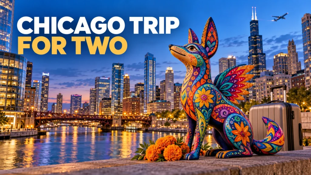 Editorial illustration of colorful Alebrije-inspired artwork against the Chicago skyline at dusk.