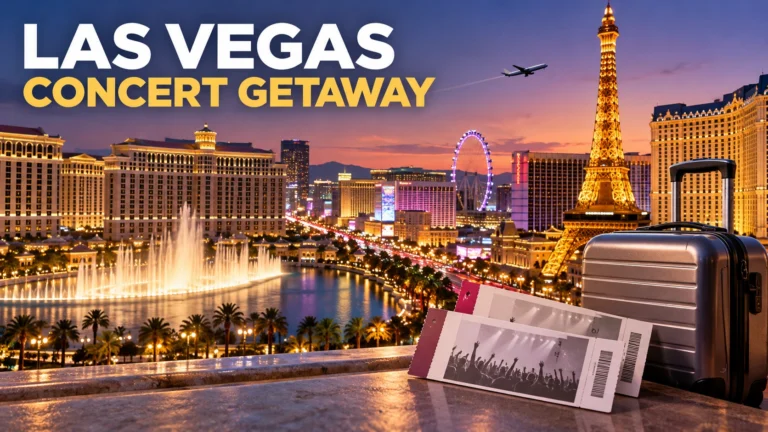 Illustration of a Las Vegas concert getaway with travel luggage and two generic concert tickets