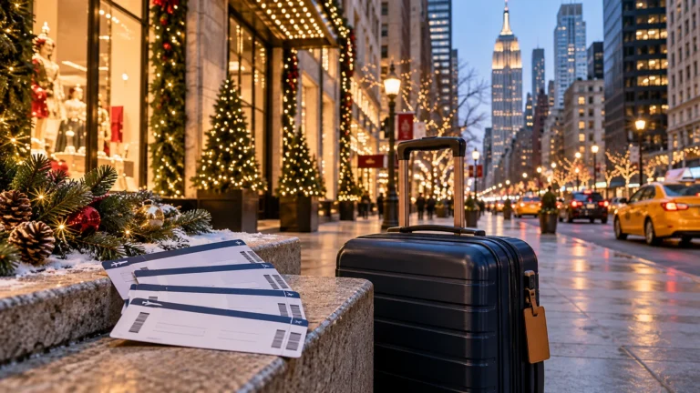 Conceptual New York City holiday travel scene with a suitcase and boarding pass shapes.