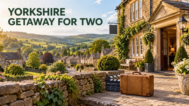 Editorial illustration of a Yorkshire countryside hotel getaway representing the Winalot 2026 competition