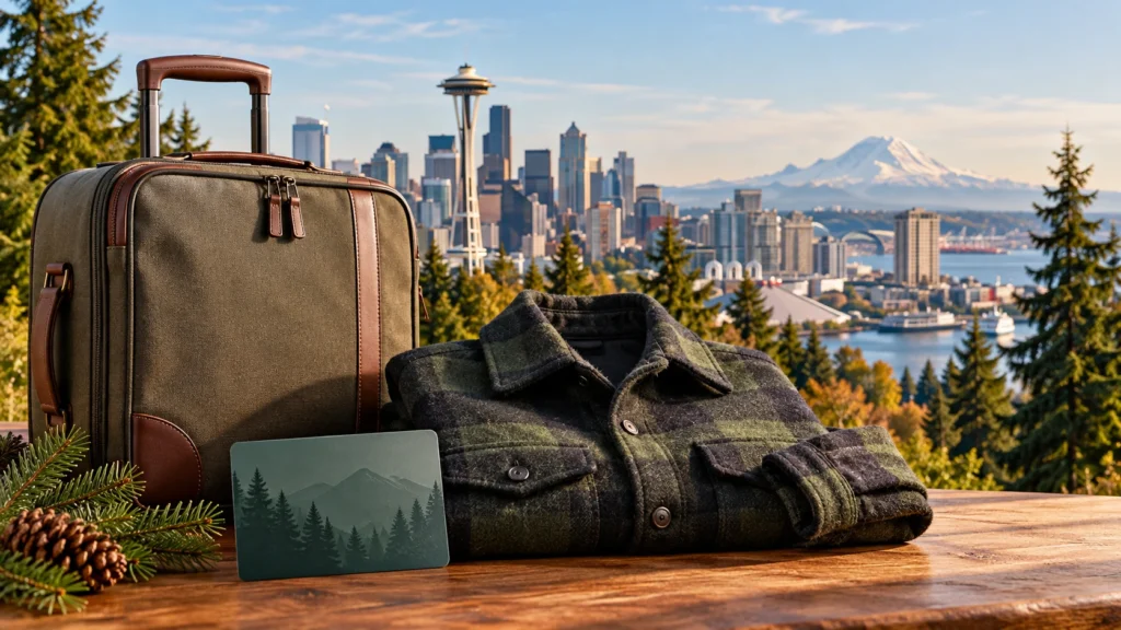 Editorial illustration of a travel suitcase, wool cruiser-style jacket, and gift card with the Seattle skyline representing the World of Filson Giveaway.