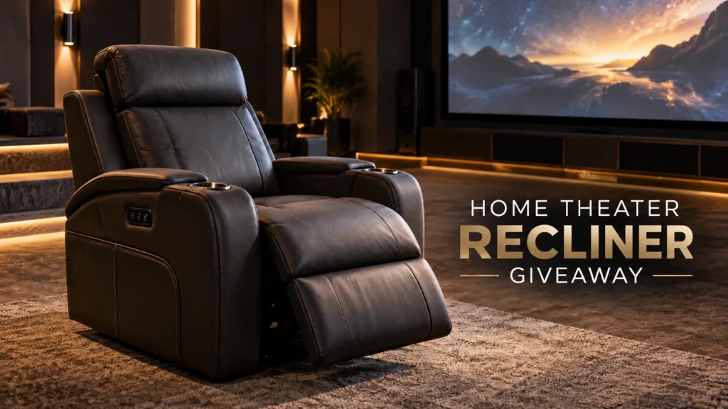 Illustrative single-seat home theater recliner in a modern media room.