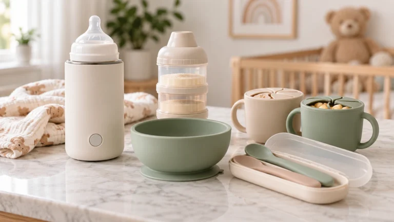 Conceptual illustration of a baby bottle warmer and silicone feeding accessories representing the Baby’s Brew Baby Shower Bundle giveaway.