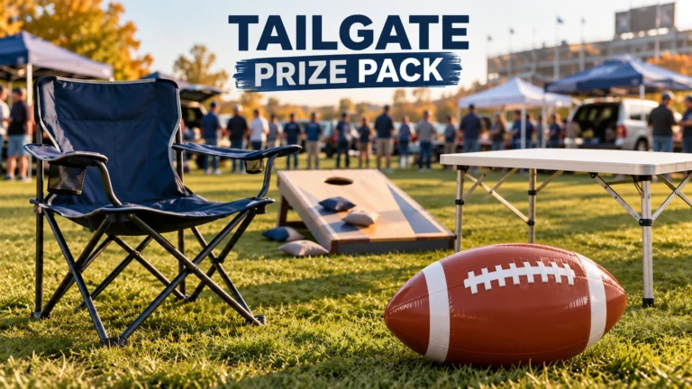 Conceptual tailgate prize image featuring a folding chair, cornhole set, folding table, and inflatable football.