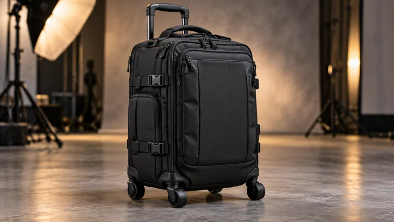 Conceptual illustration of a black rolling camera backpack representing the Outdoorphoto Tenba backpack giveaway.