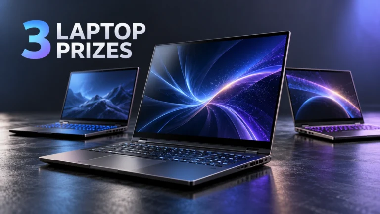 Editorial illustration of three unbranded laptops representing the Cheat Happens RTX SPARK Laptop Giveaway.