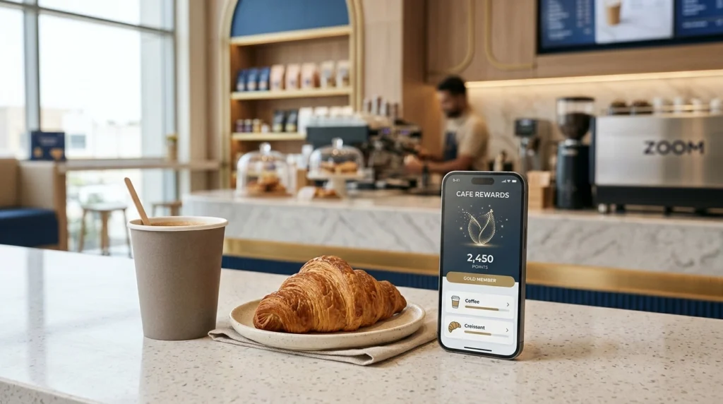 Conceptual image of a coffee, croissant and digital loyalty rewards display representing the 2026 OASIS by ADNOC raffle.