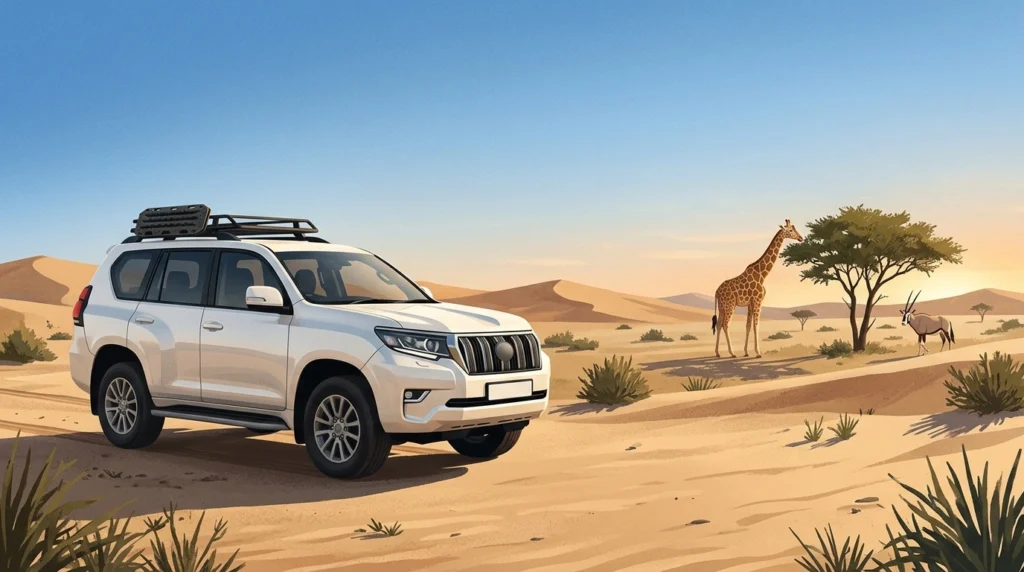 Editorial illustration of a safari SUV in a desert wildlife park, representing the Al Ain Zoo safari experience prize.