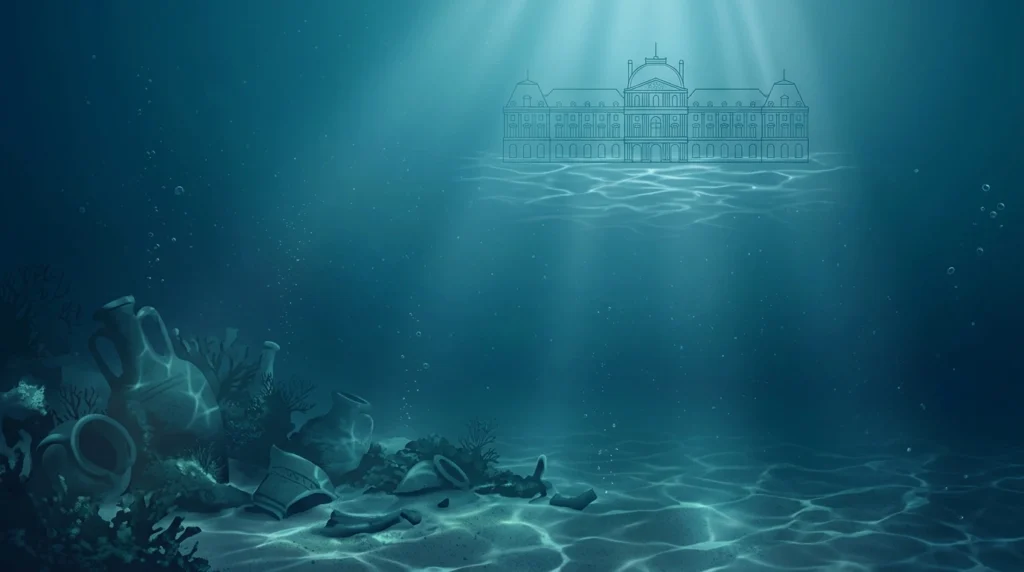 Illustrative underwater scene with ancient artifacts and a line-art outline of the Musée national de la Marine in Paris, representing the ARTE «L'Appel des Profondeurs» exhibition giveaway.