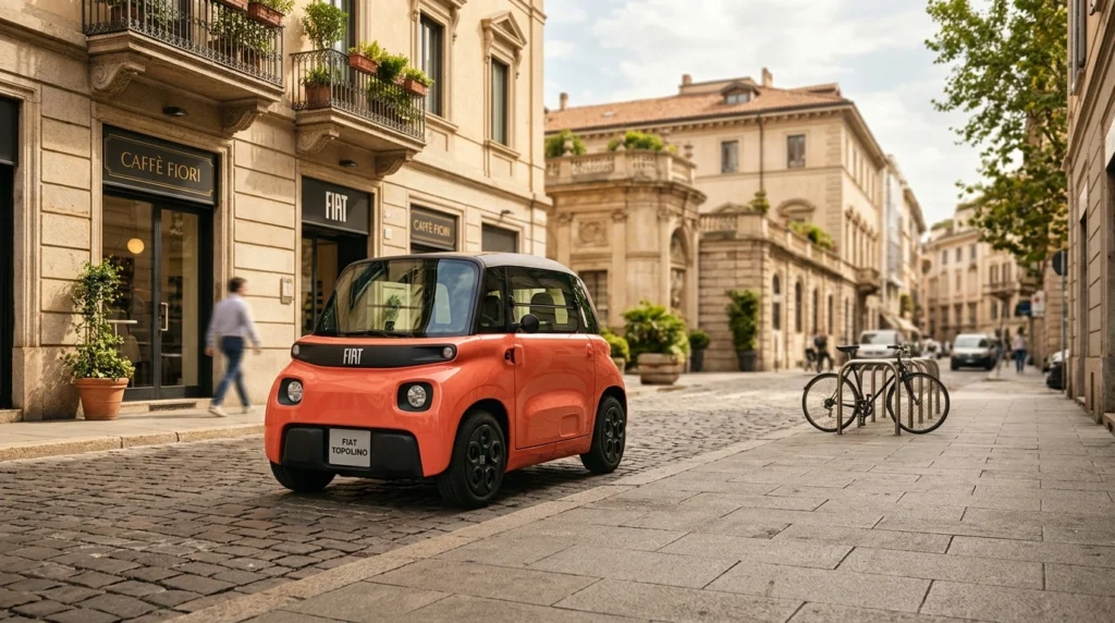 Conceptual illustration of a coral Fiat Topolino electric vehicle and gift cards representing the Generali Italia giveaway prizes.
