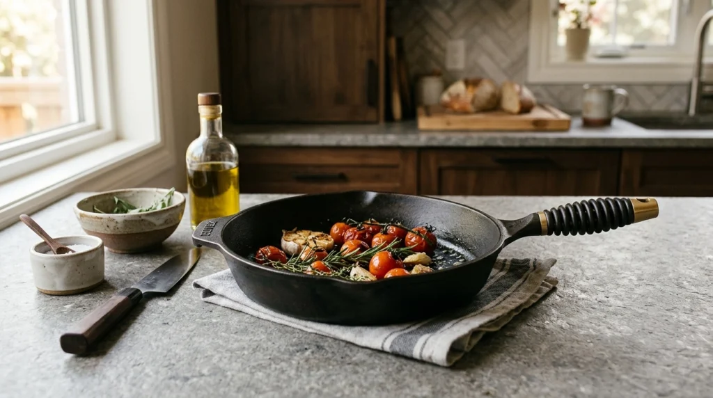 Editorial illustration of a cast iron cooking pan in a modern kitchen representing the Matty Matheson Get Cracking giveaway.