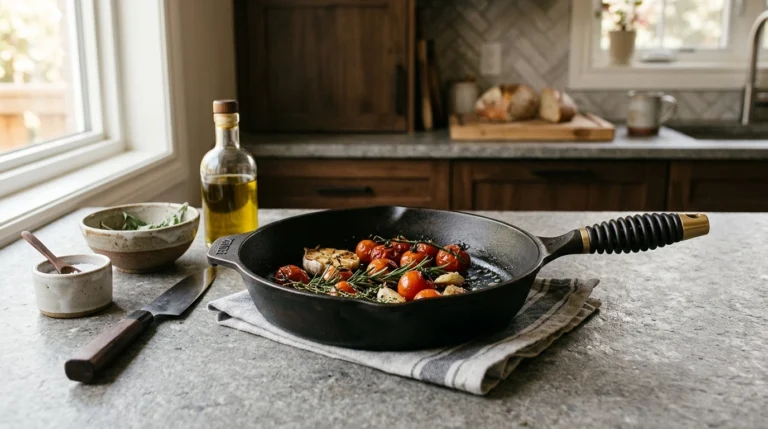 Editorial illustration of a cast iron cooking pan in a modern kitchen representing the Matty Matheson Get Cracking giveaway.