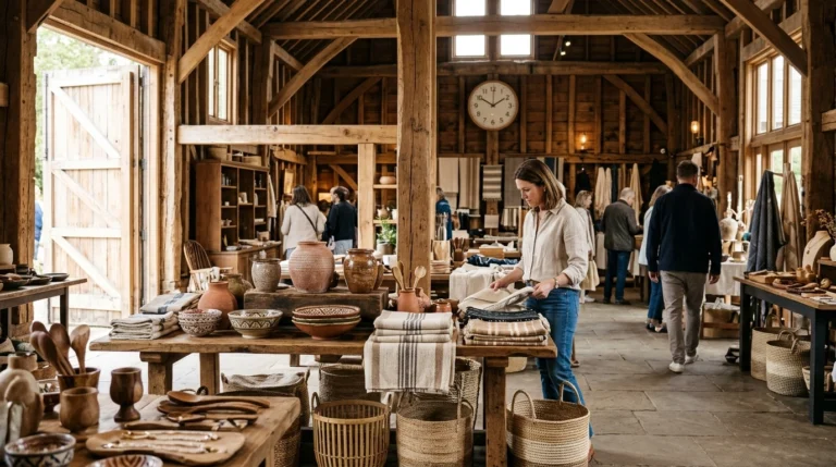 Editorial illustration of artisan home decor and handmade goods inside a warm wooden marketplace, representing the One World Bazaar giveaway.