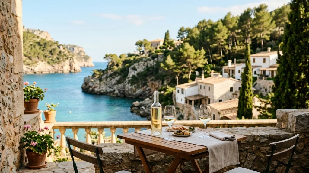 Sunlit Mallorca coastline with a terrace table and glasses, illustrating the Palma Moment travel giveaway prize.