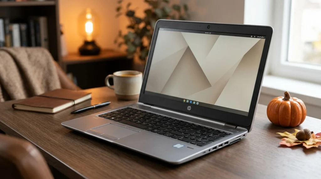 Editorial illustration of a refurbished HP ProBook-style laptop in a subtle Halloween-themed workspace.