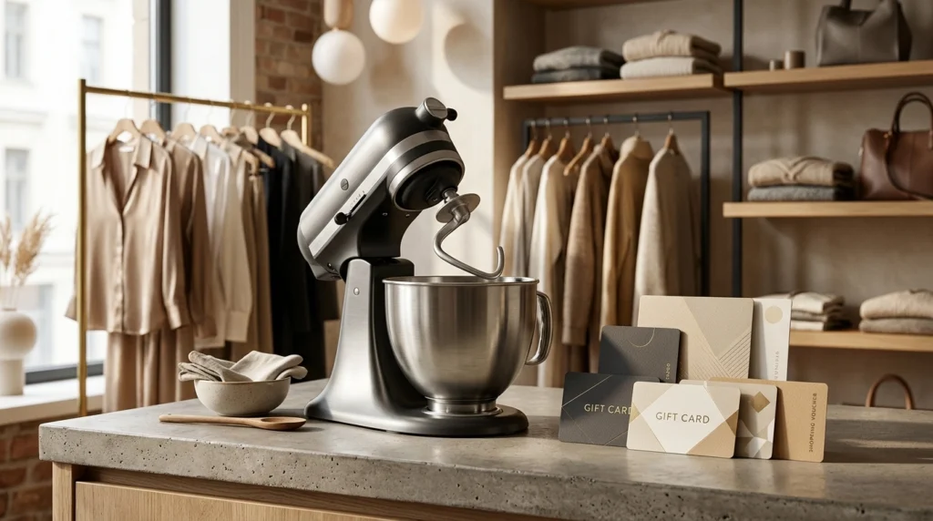 Conceptual editorial illustration of a premium kitchen mixer and shopping gift cards representing the Stilbruch Mode Giveaway 2026.