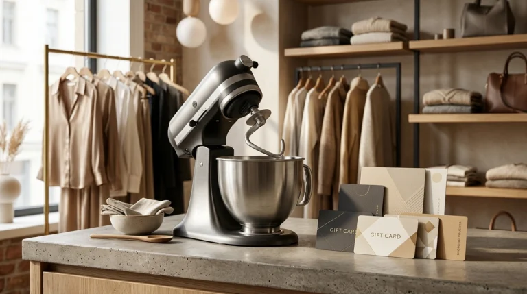 Conceptual editorial illustration of a premium kitchen mixer and shopping gift cards representing the Stilbruch Mode Giveaway 2026.