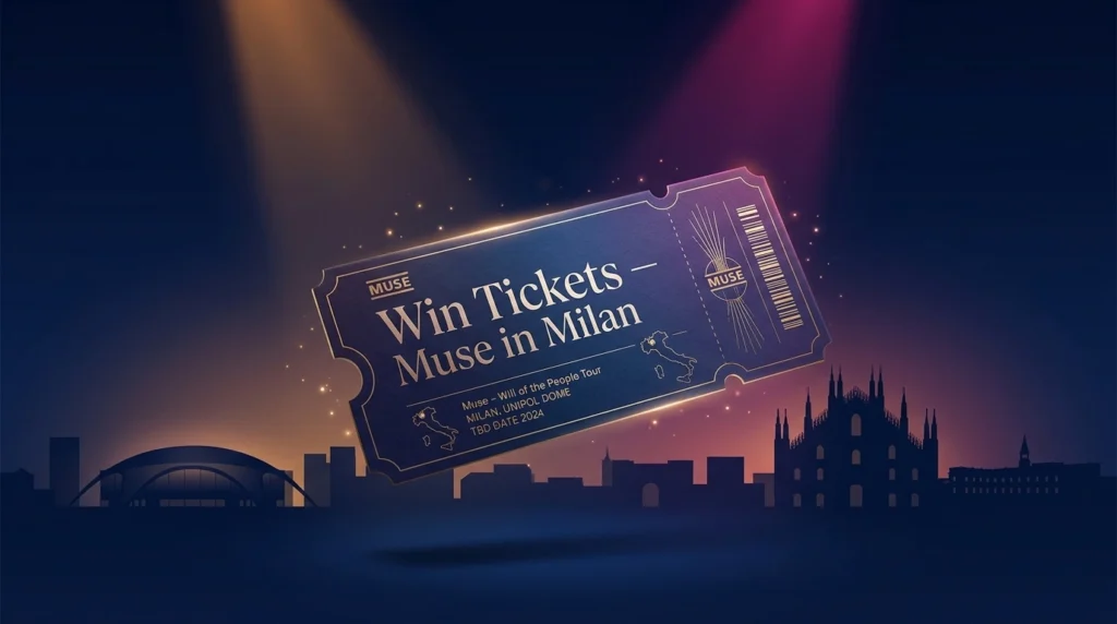 Editorial illustration of a concert ticket for the Virgin Radio Muse in Milan contest, with the Milan skyline and stage lights.